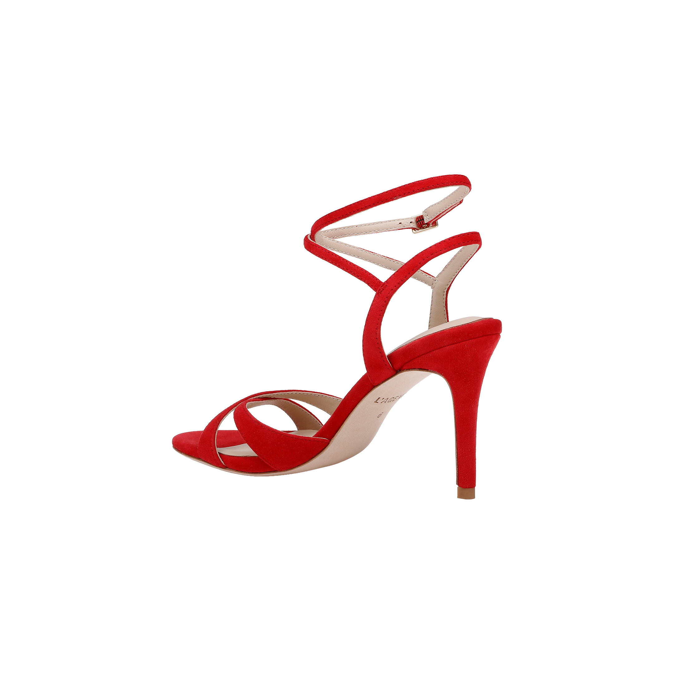 The Miranda Suede Sandal, crafted in vibrant red suede, features a stiletto heel, thin ankle-wrap straps with an adjustable buckle—an elegant evening shoe showcased on a plain white background.