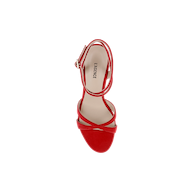 Elegant red Miranda Suede Sandal with strappy high-heel design, featuring an ankle-wrap strap and gold buckle, shown from above on a white background. The brand name LARENCE appears on the insole, making these red suede heels ideal as evening shoes.