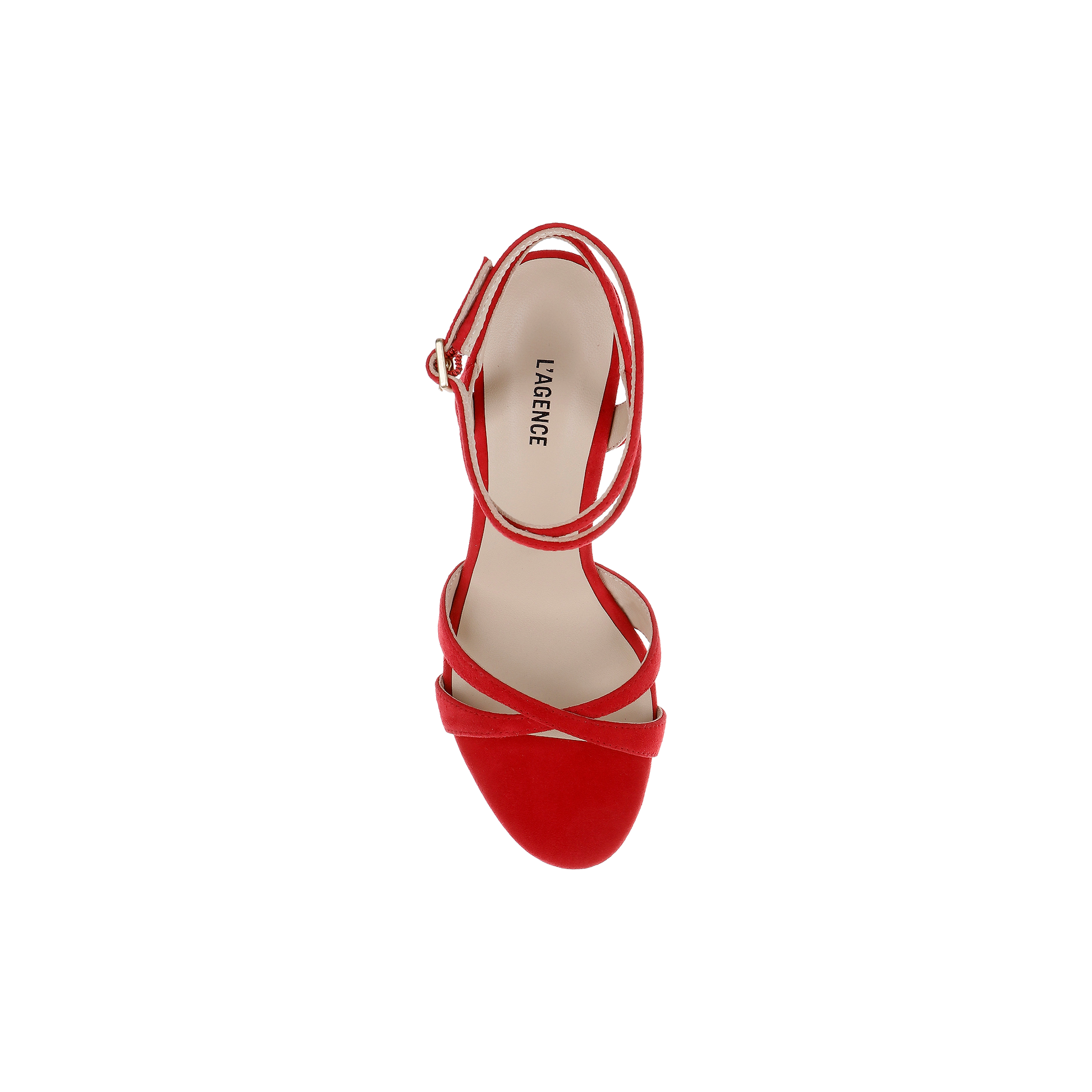 Elegant red Miranda Suede Sandal with strappy high-heel design, featuring an ankle-wrap strap and gold buckle, shown from above on a white background. The brand name LARENCE appears on the insole, making these red suede heels ideal as evening shoes.