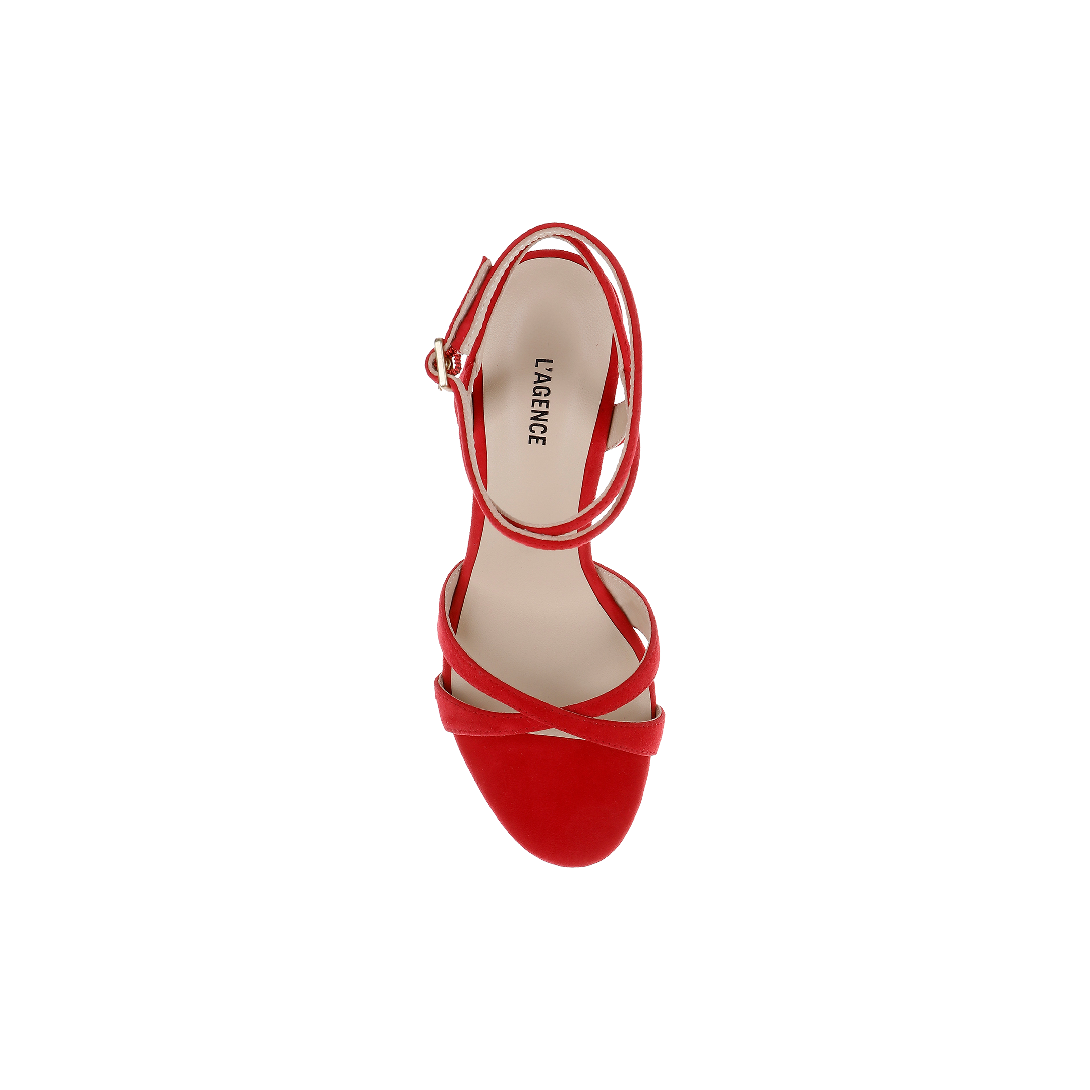Elegant red Miranda Suede Sandal with strappy high-heel design, featuring an ankle-wrap strap and gold buckle, shown from above on a white background. The brand name LARENCE appears on the insole, making these red suede heels ideal as evening shoes.