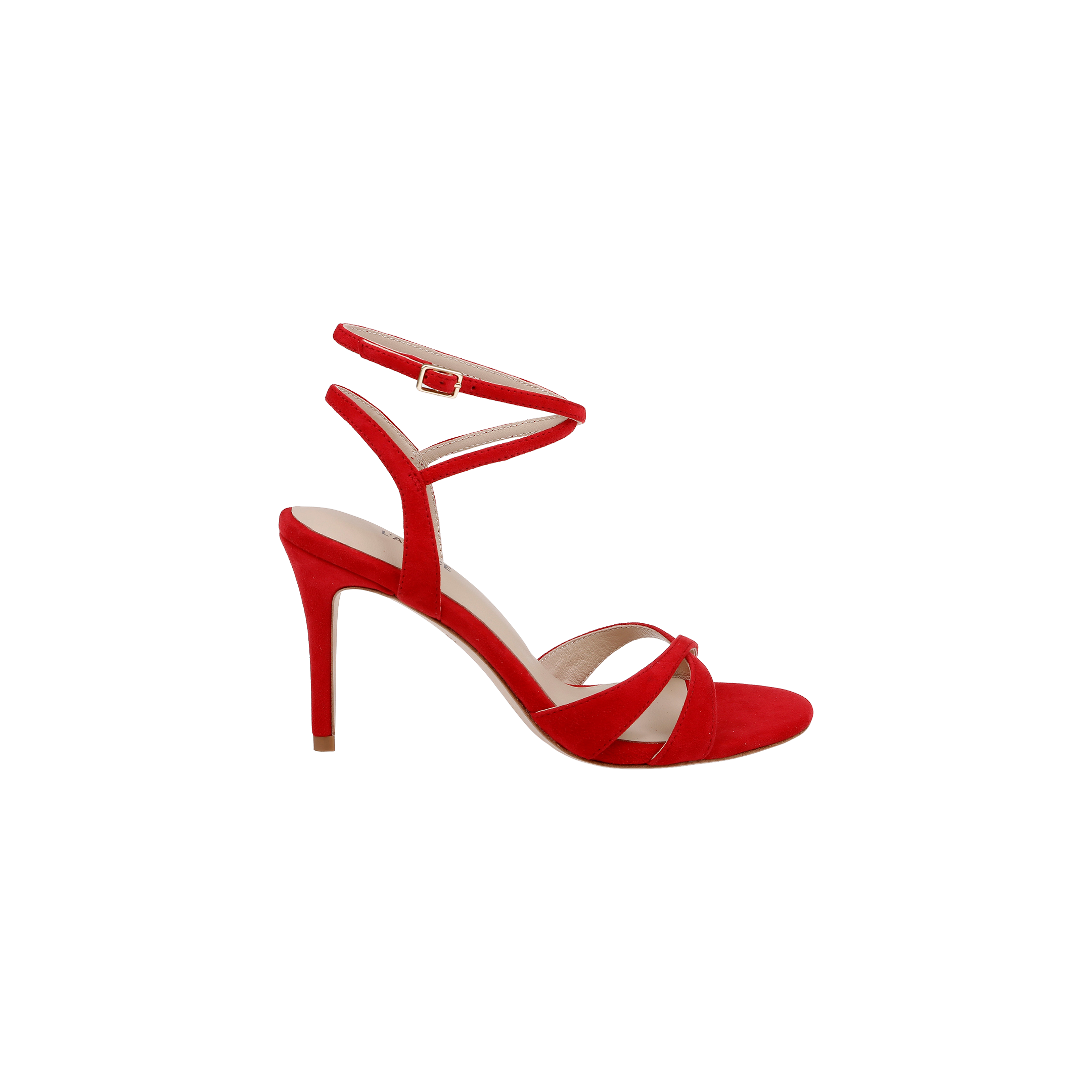 The Miranda Suede Sandal features an ankle-wrap strap, crisscross toe straps, and a slim heel, all crafted in striking red suede—perfect for evening wear. Shown on a white background.