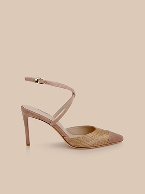 The Moselle Raffia Pump, a beige pointed-toe high heel with an ankle strap and woven front detail, is showcased on a matching beige background.