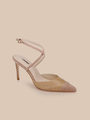 The Moselle Raffia Pump features a beige and light tan woven-texture, pointed toe, crisscross ankle straps, and a slim heel, shown on a light neutral background.