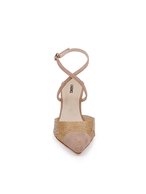 The Moselle Raffia Pump features beige woven raffia sides, a suede cap toe, and an ankle strap, shown from the front on a white background.