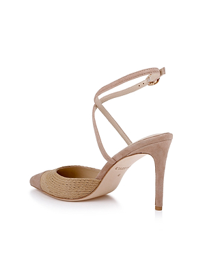 The Moselle Raffia Pump features beige woven raffia on the front, a pointed toe, slender ankle strap with small buckle, and suede-covered heel and back for an elegant look.