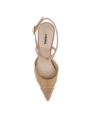 Top view of the Moselle Raffia Pump in beige, featuring a pointed toe, ankle strap, and woven texture on a white background. The insole displays the label “L’AGENCE.”.
