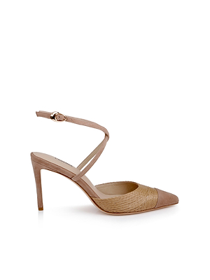 The Moselle Raffia Pump features a beige raffia finish, pointed toe, woven front detail, slender ankle strap with buckle, and a thin stiletto heel for an elegant look—all set against a plain white background.