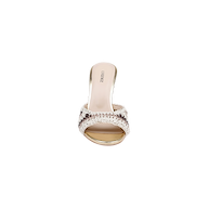 The Moyes Crochet Sandal is a women’s open-toe mule featuring a woven, light-colored crochet upper strap, sculpted heel, and a beige memory foam insole, shown from above on a plain white background.