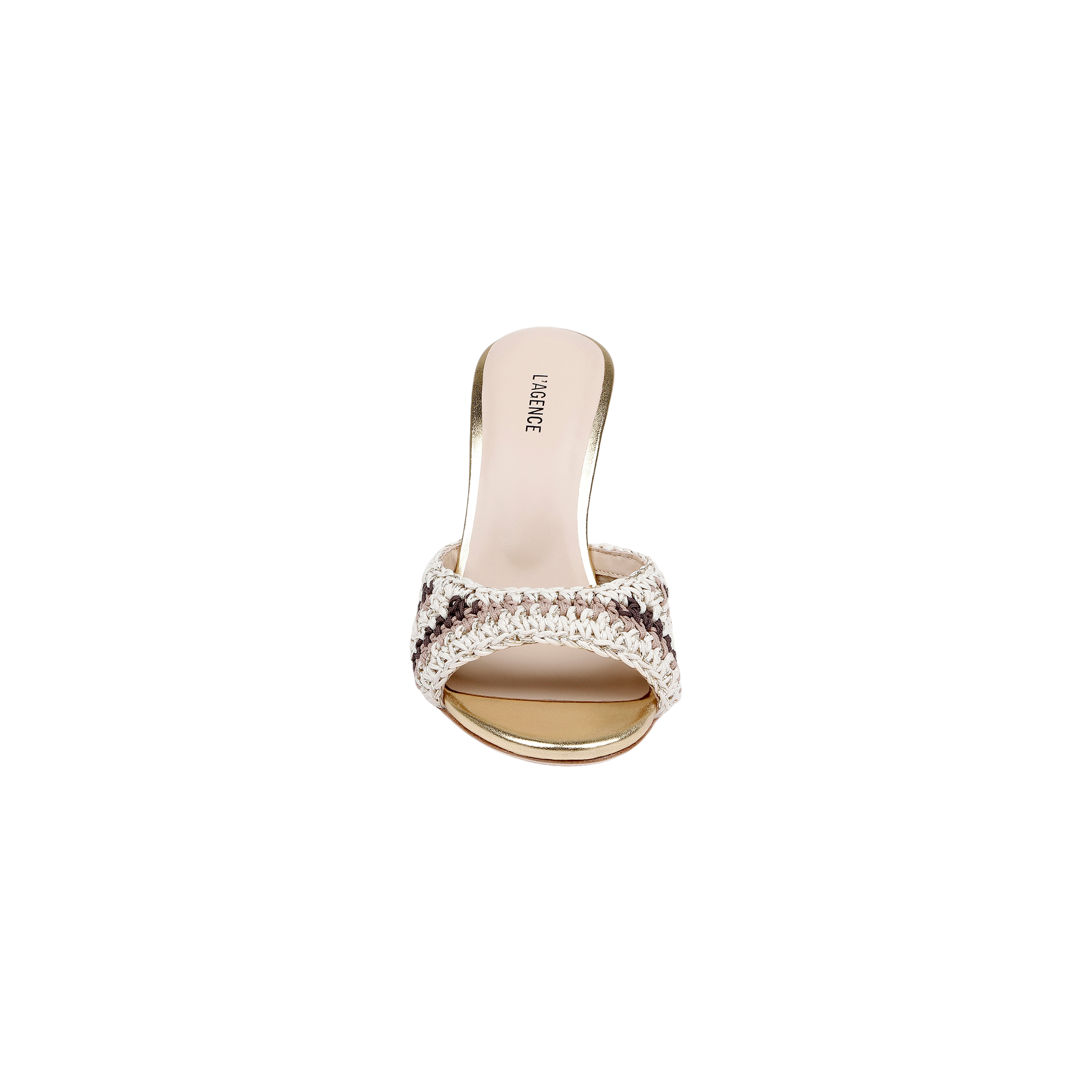 The Moyes Crochet Sandal is a women’s open-toe mule featuring a woven, light-colored crochet upper strap, sculpted heel, and a beige memory foam insole, shown from above on a plain white background.