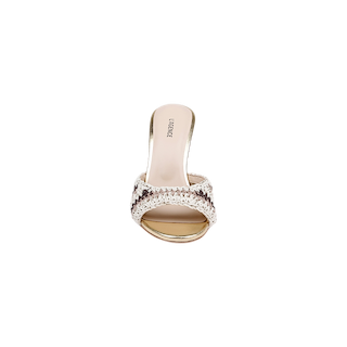 The Moyes Crochet Sandal is a single open-toe mule featuring a woven, textured strap and a beige memory foam insole, shown from above on a plain white background.