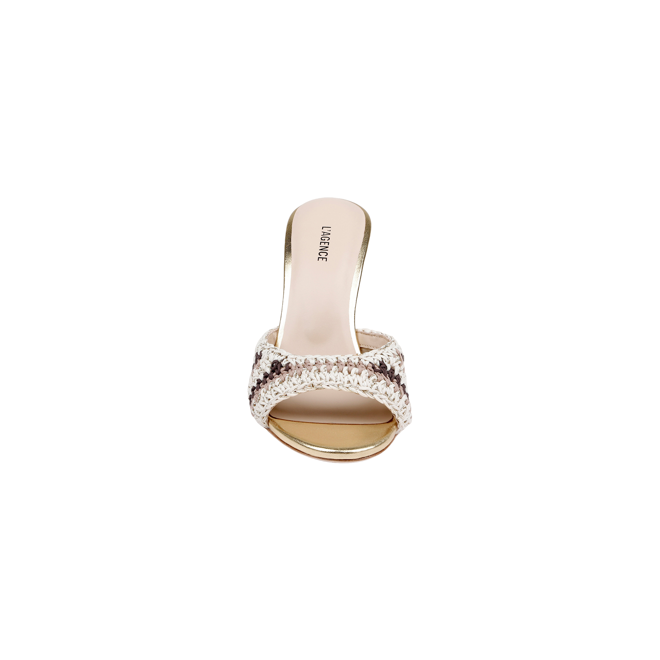 The Moyes Crochet Sandal is a women’s open-toe mule featuring a woven, light-colored crochet upper strap, sculpted heel, and a beige memory foam insole, shown from above on a plain white background.