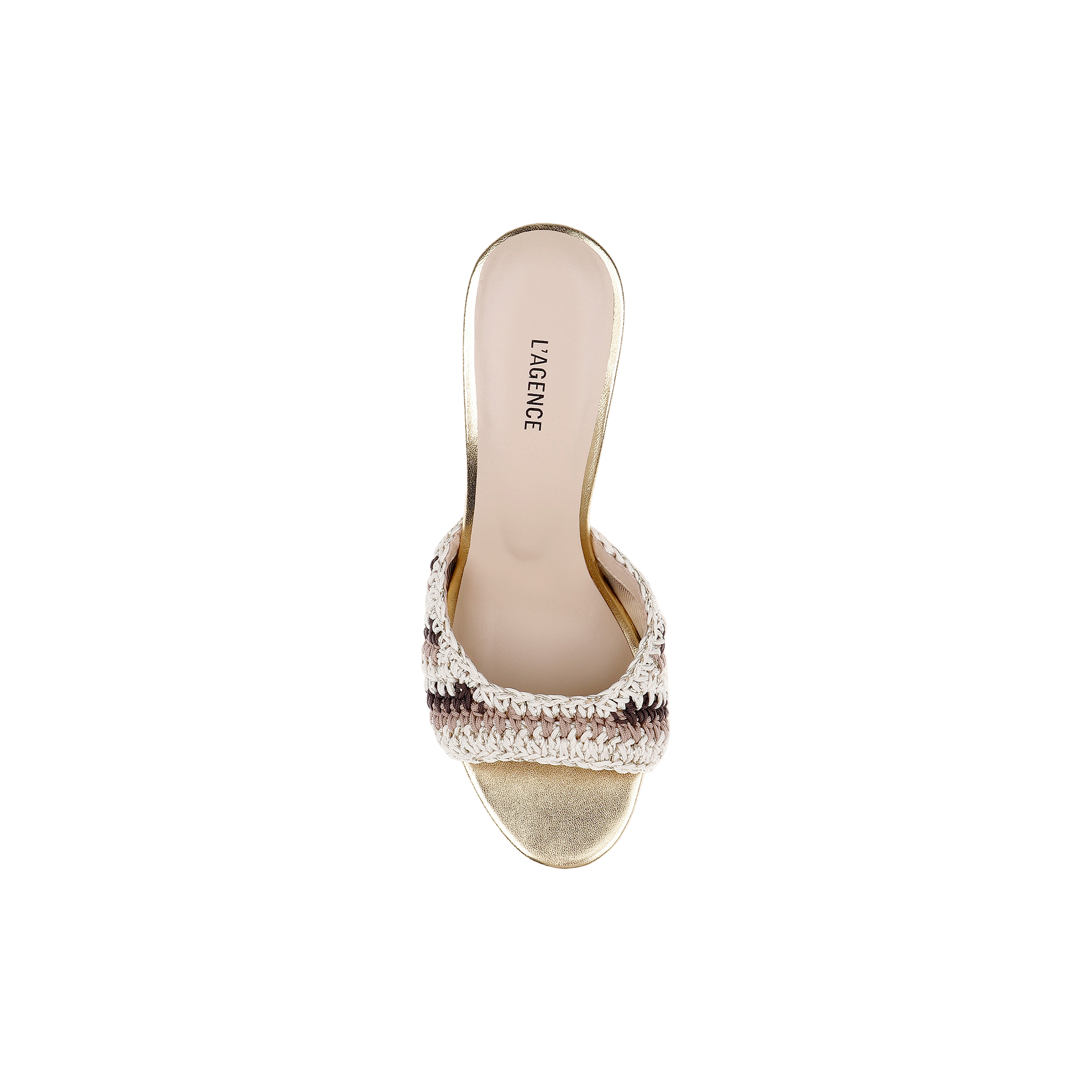 The Moyes Crochet Sandal is a gold open-toe heeled sandal featuring a sculpted heel and a woven cream and brown strap, shown from above on a white background. The insole is labeled LAGENCE.