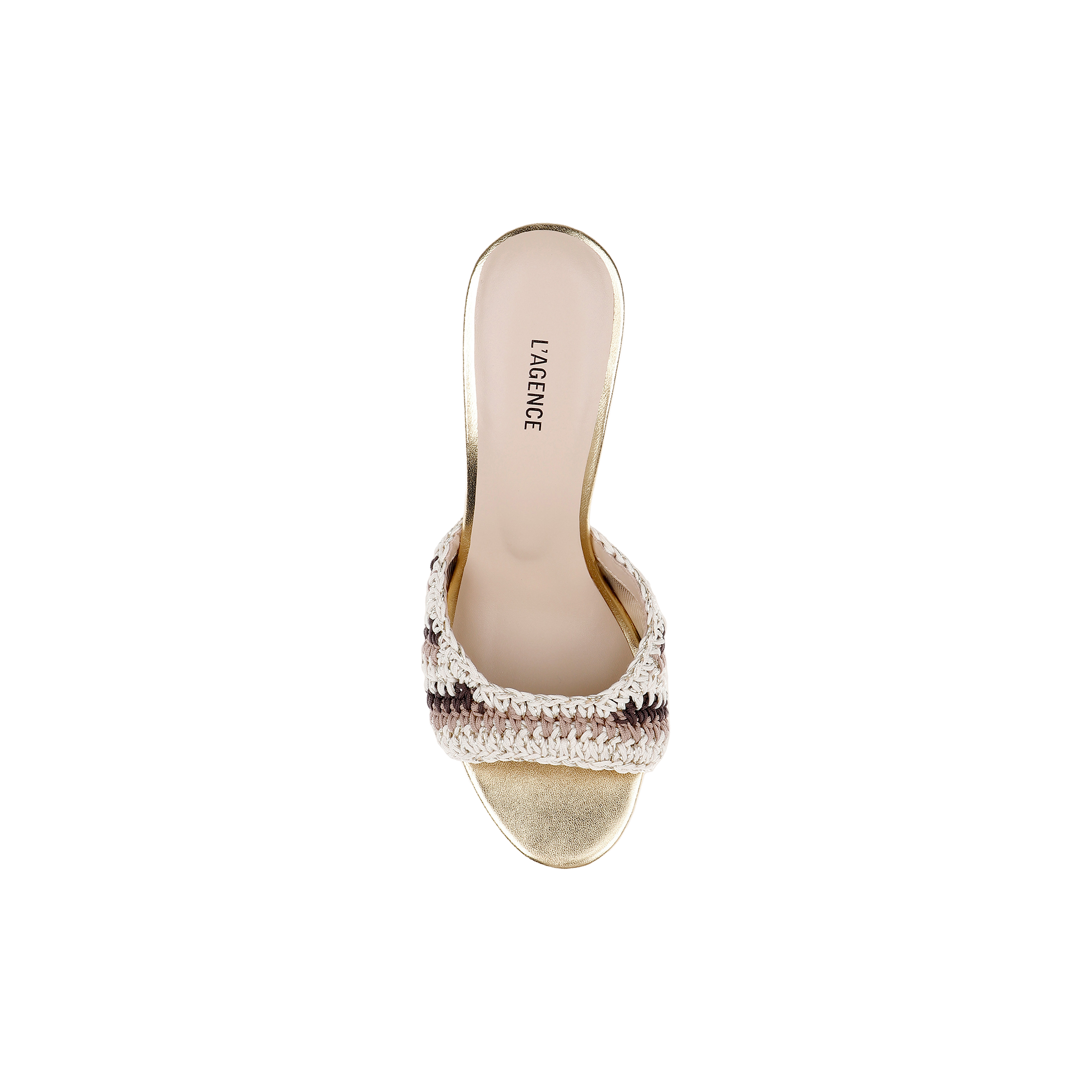 The Moyes Crochet Sandal is a gold open-toe heeled sandal featuring a sculpted heel and a woven cream and brown strap, shown from above on a white background. The insole is labeled LAGENCE.
