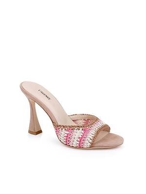 The Moyes Crochet Sandal features a high heel, sculpted beige sole, and woven strap in pink, white, and beige. With an open toe and LAGENCE branding on the insole, its perfect for effortless summer style.