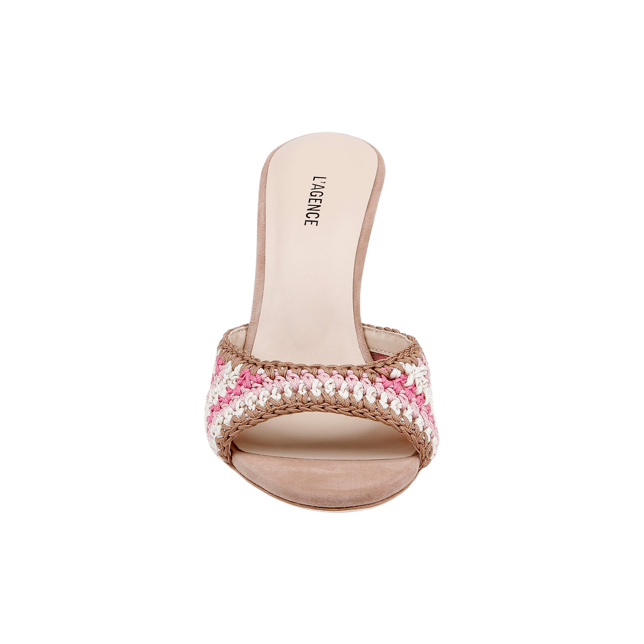 The Moyes Crochet Sandal is an open-toe mule featuring a woven pink, white, and tan strap, a beige sole, and LAGENCE printed on the insole—perfect for summer style.
