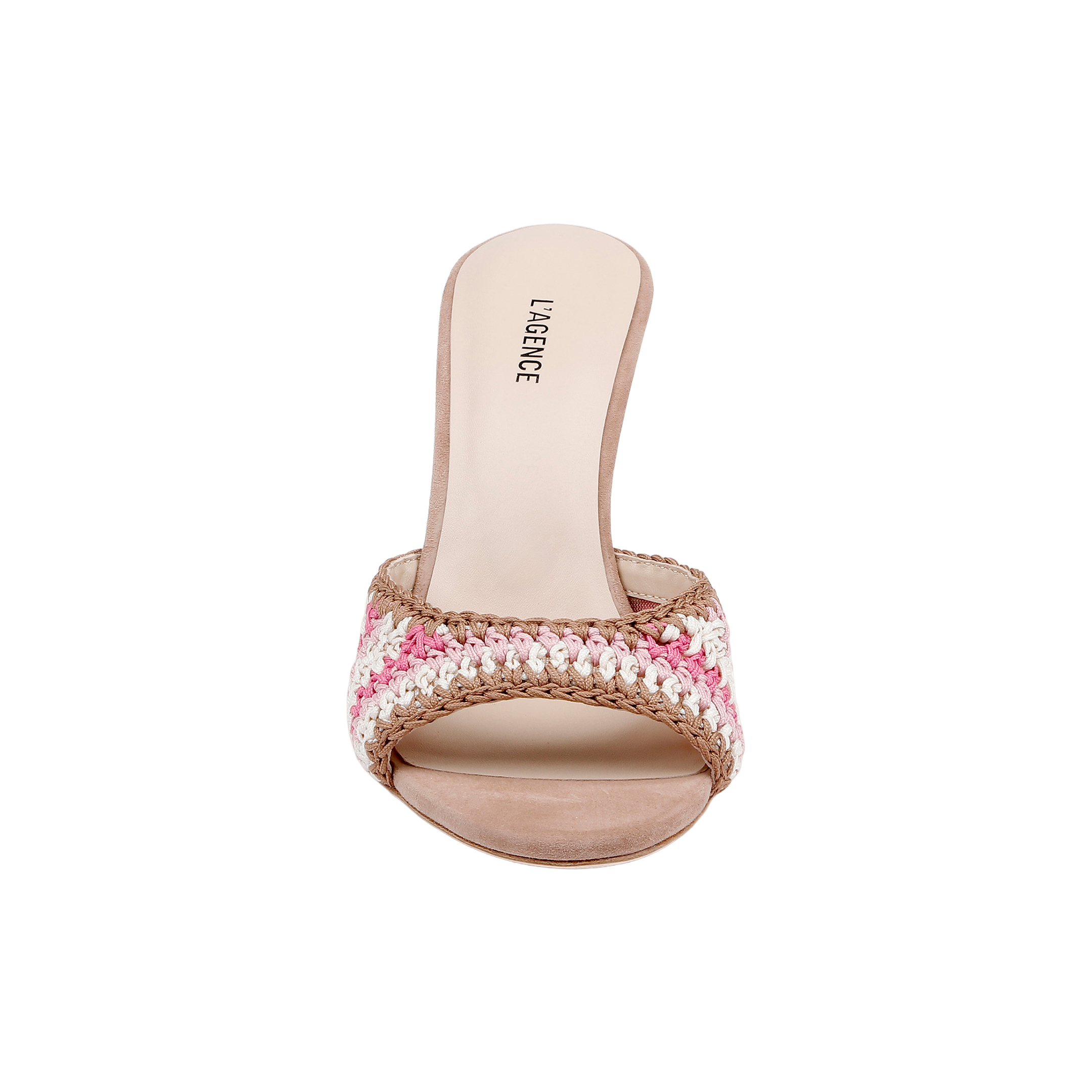 The Moyes Crochet Sandal is an open-toe mule featuring a woven pink, white, and tan strap, a beige sole, and LAGENCE printed on the insole—perfect for summer style.