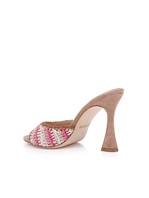 The Moyes Crochet Sandal features a high sculpted heel, beige suede sole, and open toe with a pink, white, and beige woven upper—perfect for summer style and shown against a white background.