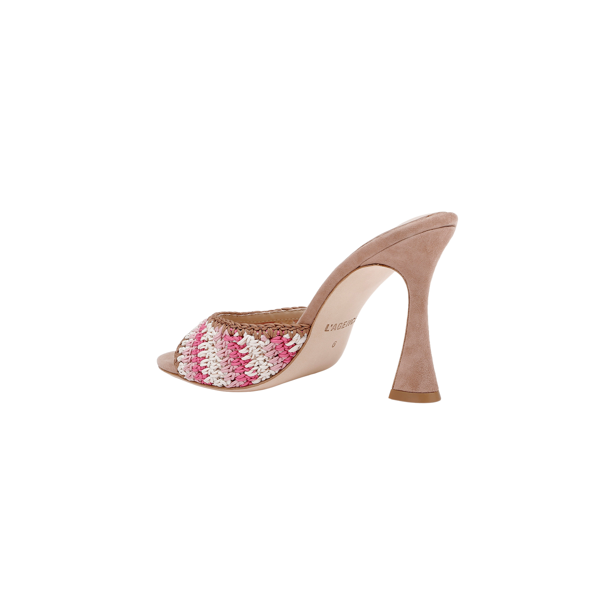 The Moyes Crochet Sandal is a high-heeled mule with a woven pink, white, and beige crochet upper and a light brown suede heel and sole. The sculpted heel flares at the base, offering stylish support that’s perfect for summer. Displayed against a plain white background.