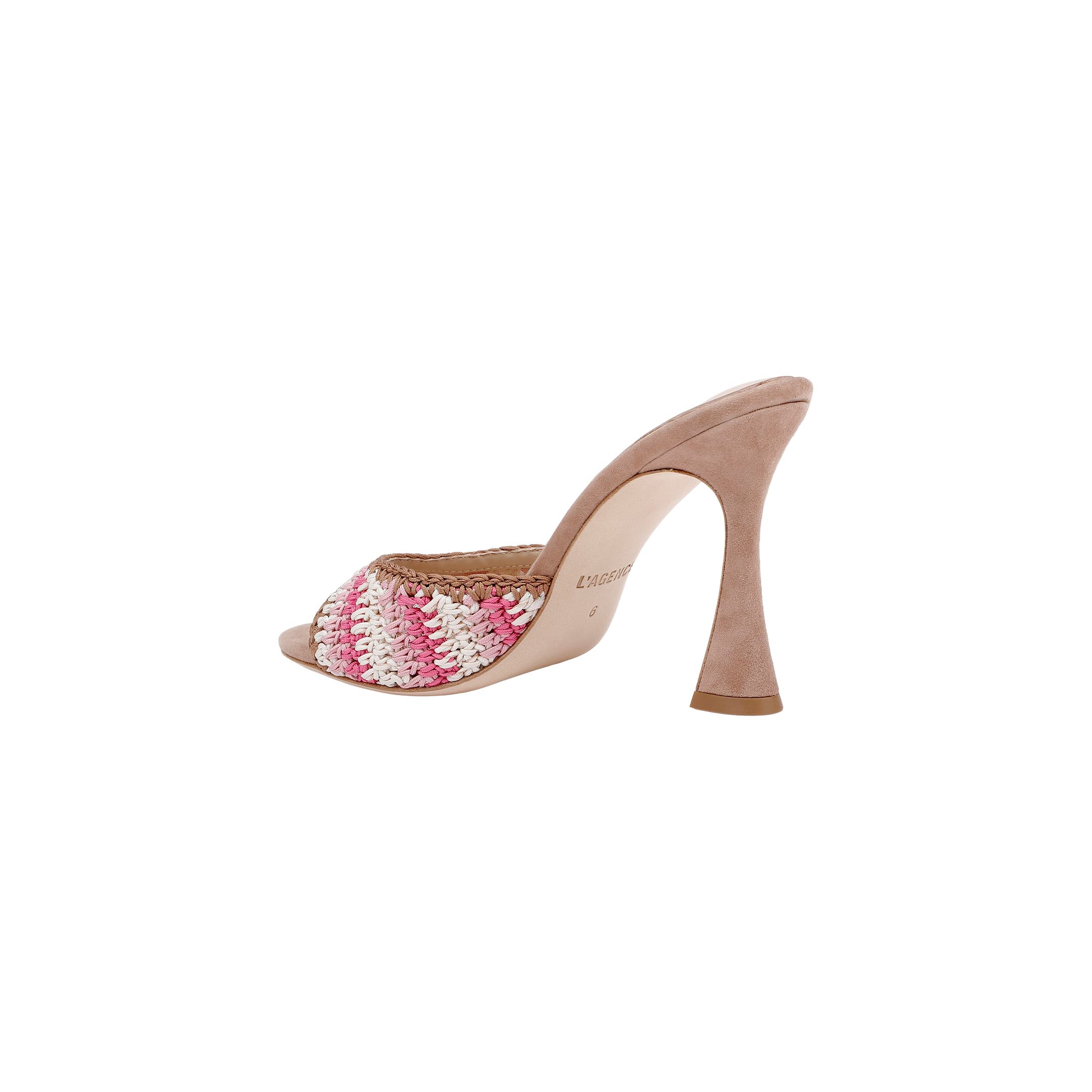 The Moyes Crochet Sandal is a high-heeled mule with a woven pink, white, and beige crochet upper and a light brown suede heel and sole. The sculpted heel flares at the base, offering stylish support that’s perfect for summer. Displayed against a plain white background.