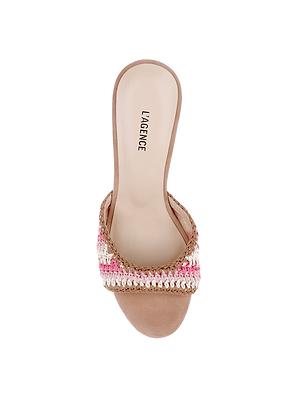 Top view of the Moyes Crochet Sandal, a beige open-toe slide with a pink, white, and tan woven strap. The plain beige insole displays black LAGENCE text—ideal for effortless summer style.