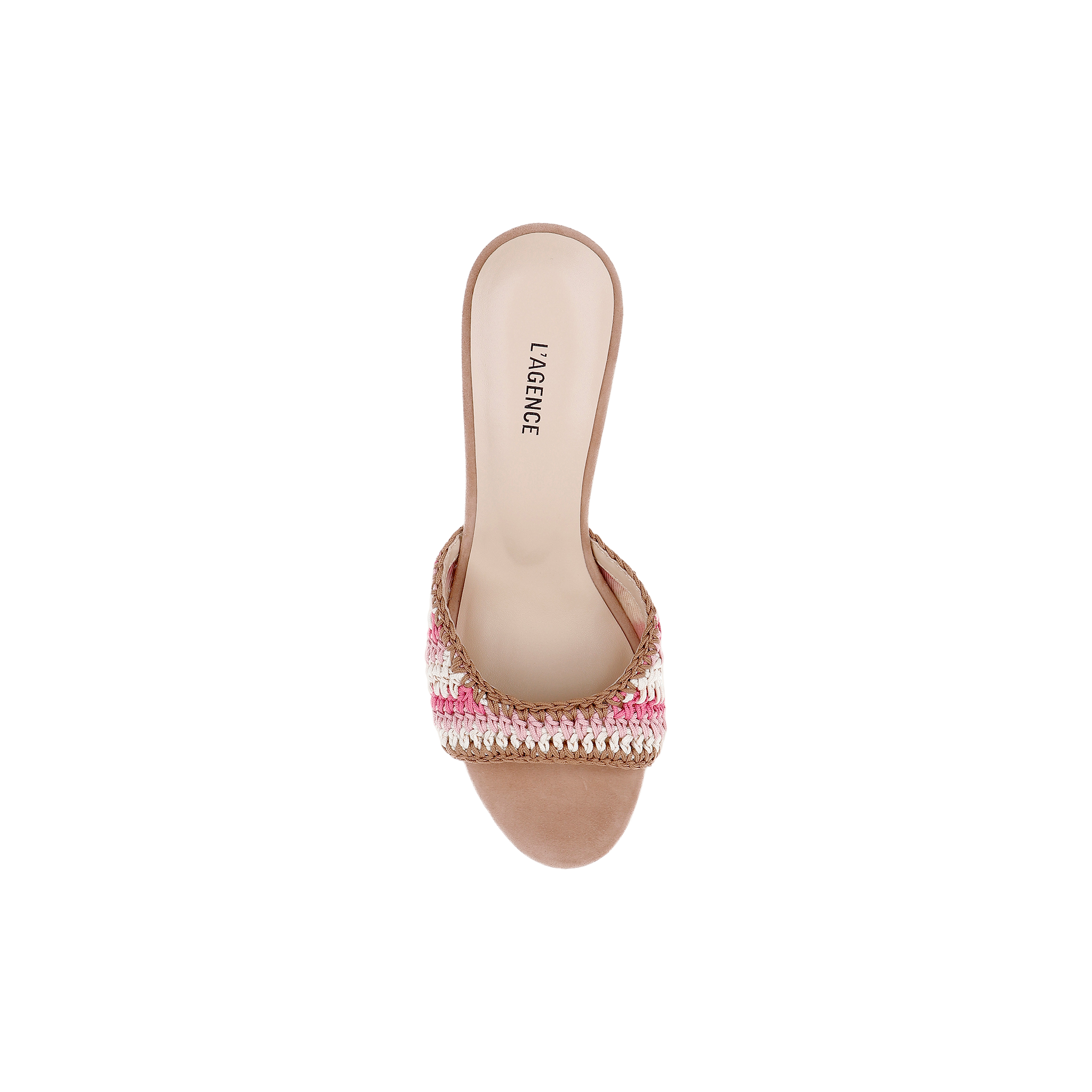 The Moyes Crochet Sandal features a tan sole, a woven pink and beige strap, and “L’AGENCE” printed on the insole, presenting a fresh summer style as viewed from above on a white background.