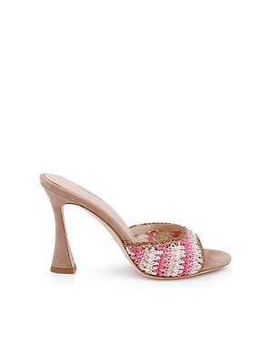 The Moyes Crochet Sandal features a sculpted high heel, light tan sole, and wide woven strap in pink, white, and beige. With its open toe and sleek silhouette, its perfect for effortless summer style.