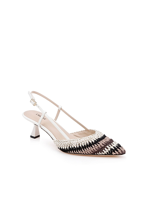 The Nantes Slingback Pump is a womens shoe with a pointed toe, mid-height angled heel, woven black/white/brown design, and white ankle strap and trim. It provides style and comfort with its memory foam insole.