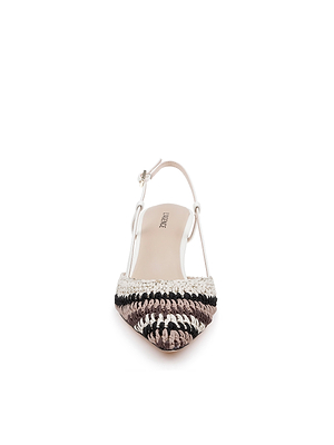 The Nantes Slingback Pump is a women’s pointed-toe crochet shoe in black, white, and light pink, with a slim ankle strap, beige sole, and plush memory foam insole for comfort. Displayed front-facing on a white background.