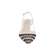 Introducing the Nantes Slingback Pump: a single crochet leather slingback pump with a pointed toe, showcasing white, black, and brown stripes and finished with a thin, adjustable ankle strap—presented against a plain white background.