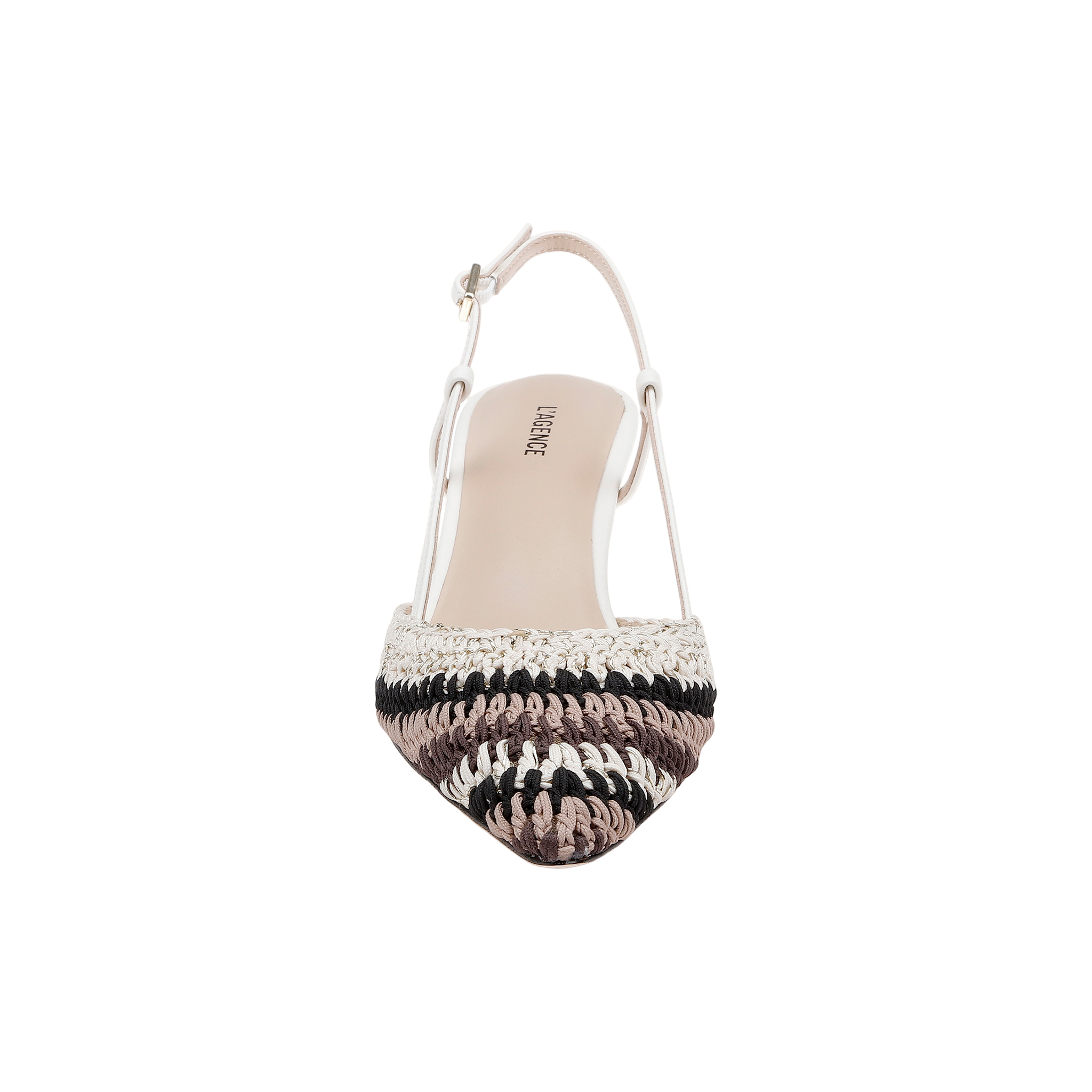 Introducing the Nantes Slingback Pump: a single crochet leather slingback pump with a pointed toe, showcasing white, black, and brown stripes and finished with a thin, adjustable ankle strap—presented against a plain white background.