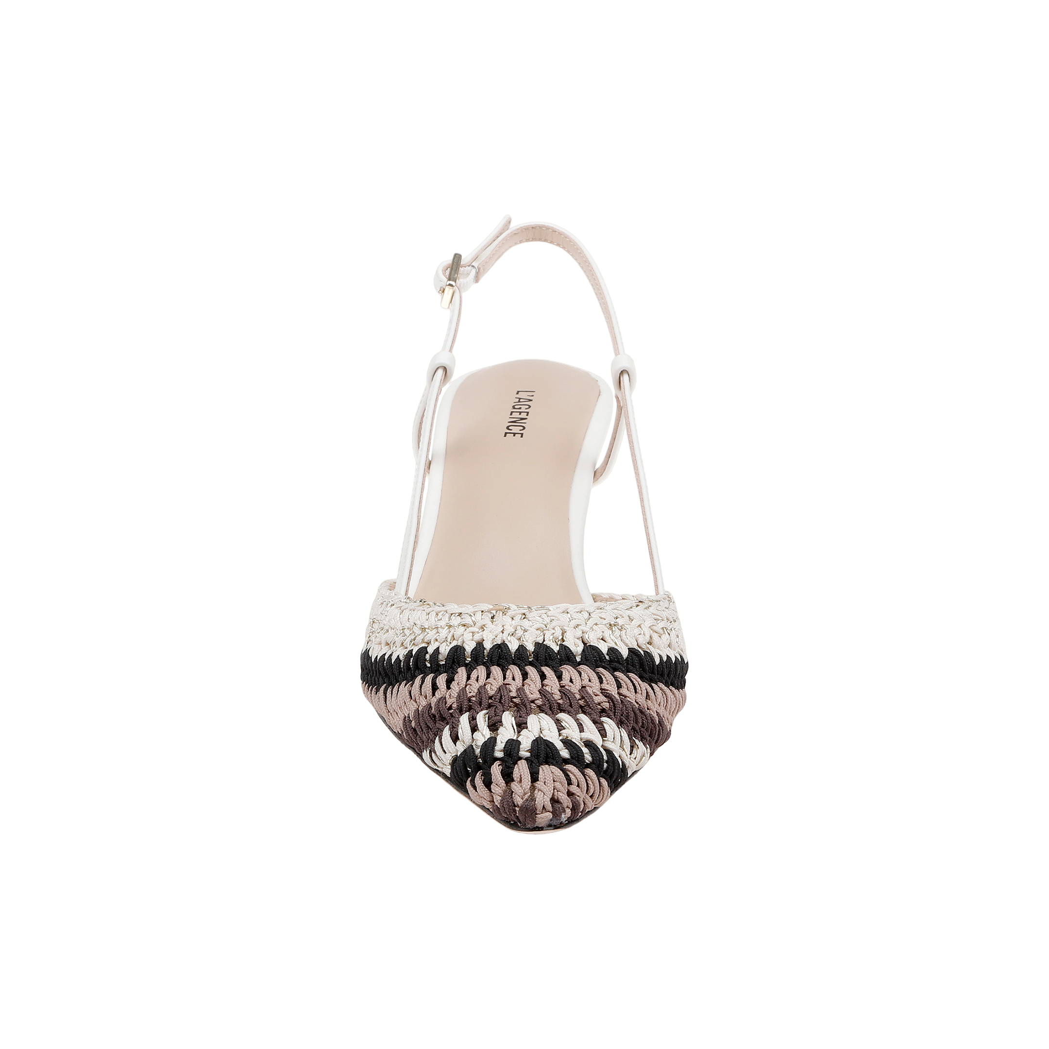 Introducing the Nantes Slingback Pump: a single crochet leather slingback pump with a pointed toe, showcasing white, black, and brown stripes and finished with a thin, adjustable ankle strap—presented against a plain white background.