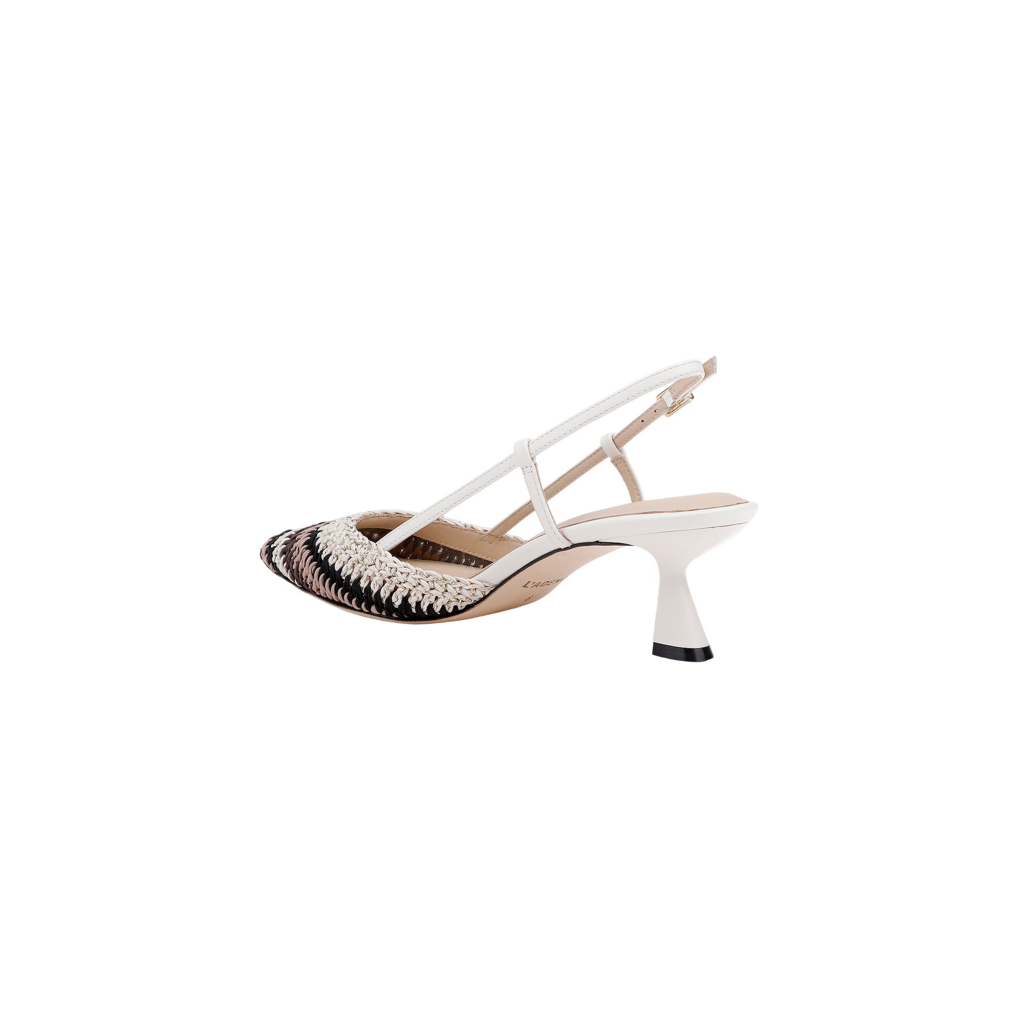 The Nantes Slingback Pump is a white pump with a pointed toe, detailed with black and white woven accents. It features delicate straps with a buckle closure, a mid-height flared heel, and is finished with a memory foam insole for enhanced comfort.
