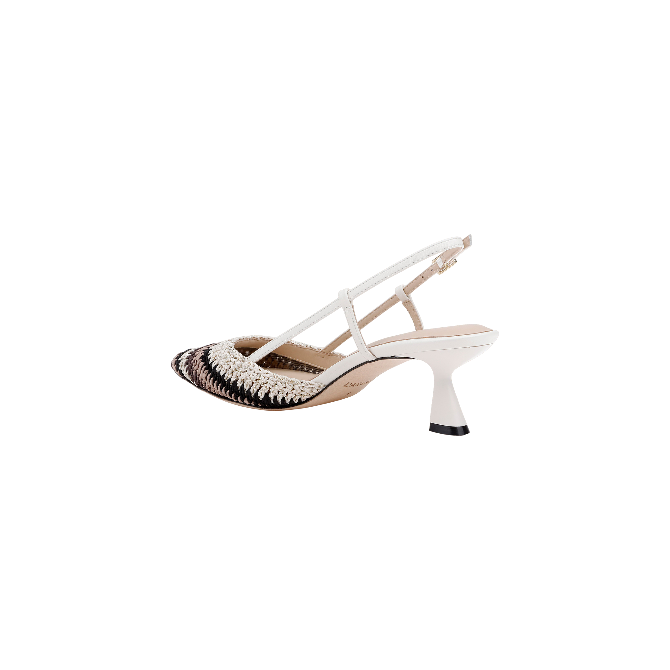 The Nantes Slingback Pump is a white pump with a pointed toe, detailed with black and white woven accents. It features delicate straps with a buckle closure, a mid-height flared heel, and is finished with a memory foam insole for enhanced comfort.
