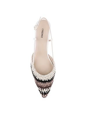 Top view of the Nantes Slingback Pump, a womens pointed-toe slingback with a woven multicolored cream, black, and pink pattern, cream ankle strap, comfy memory foam insole labeled LAGENCE.