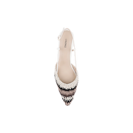 Top view of the Nantes Slingback Pump, featuring a pointed toe, woven multicolored zigzag pattern, and a white ankle strap, enhanced with a memory foam insole for added comfort, set against a white background.