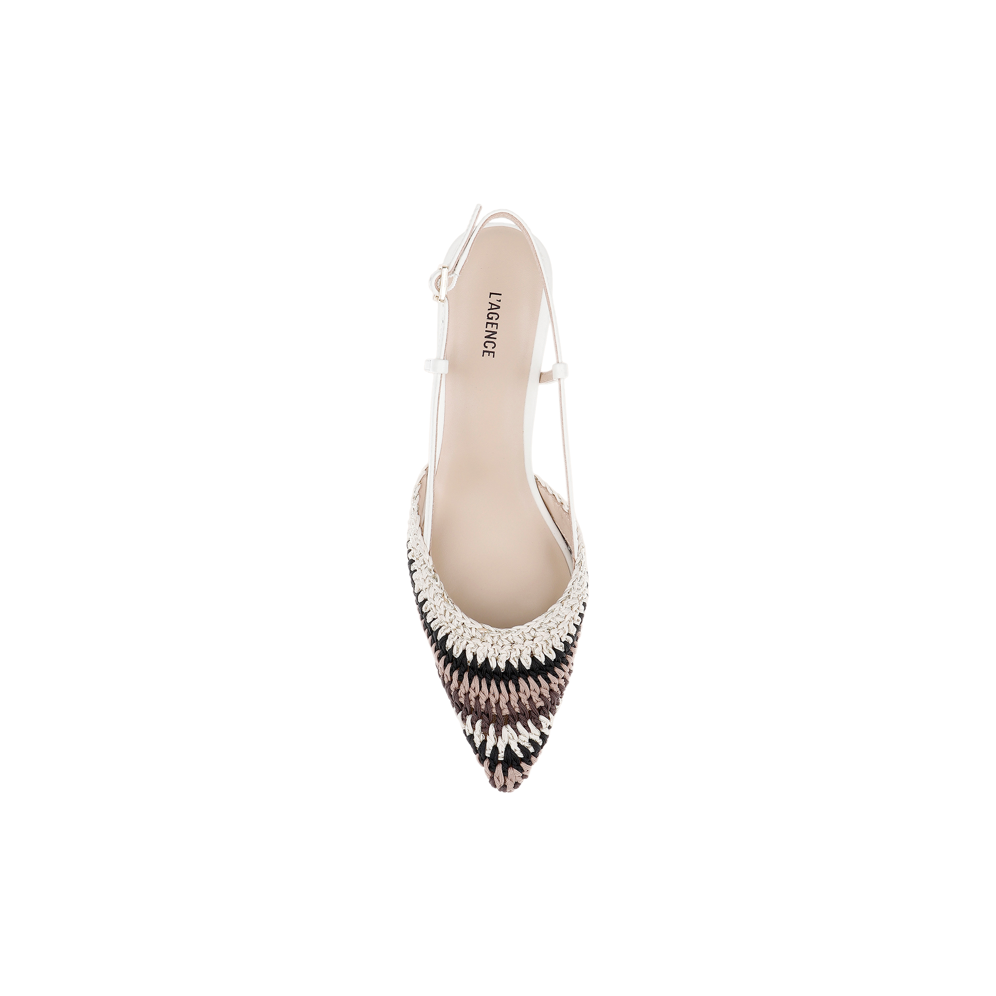 Top view of the Nantes Slingback Pump, featuring a pointed toe, woven multicolored zigzag pattern, and a white ankle strap, enhanced with a memory foam insole for added comfort, set against a white background.