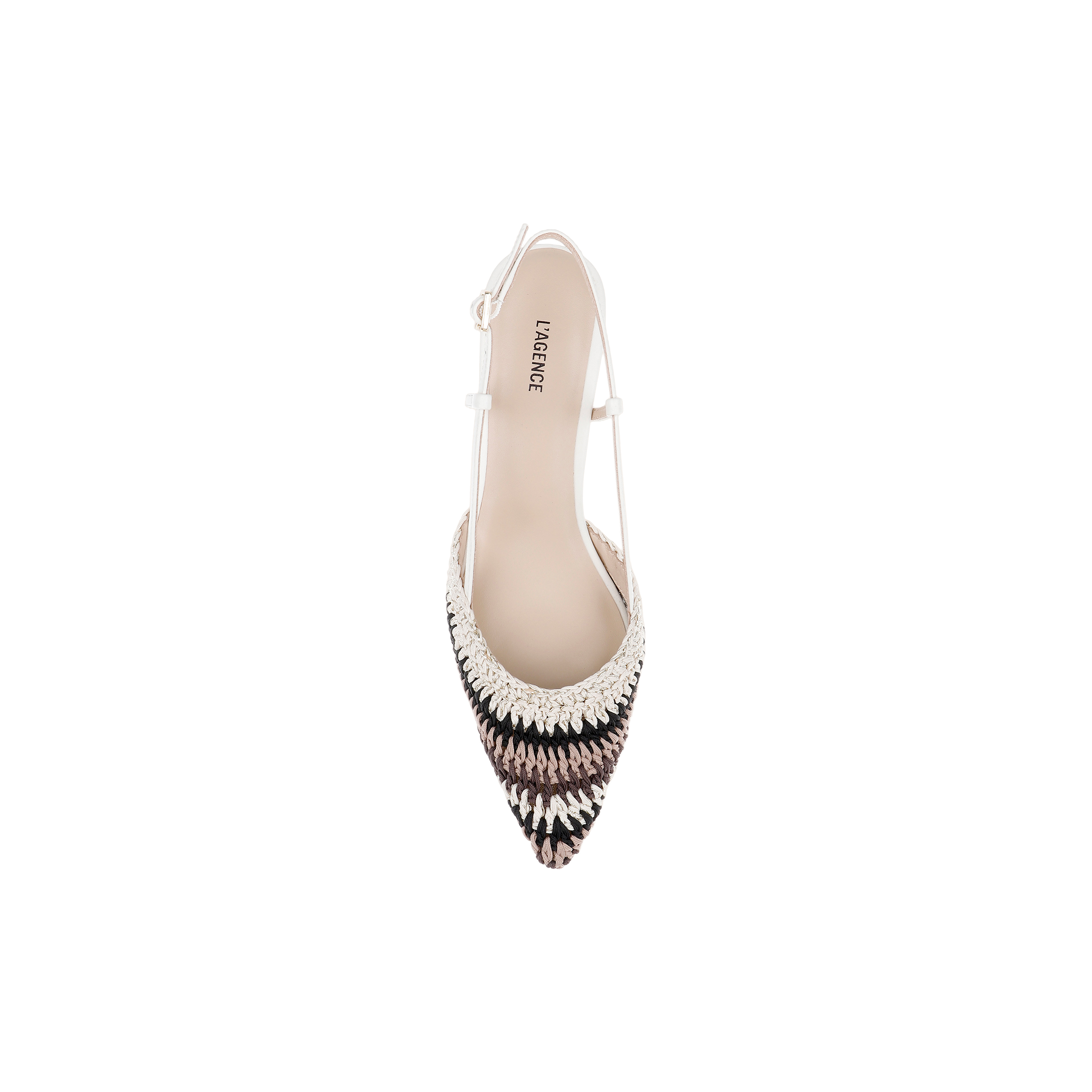 Top view of the Nantes Slingback Pump, featuring a pointed toe, woven multicolored zigzag pattern, and a white ankle strap, enhanced with a memory foam insole for added comfort, set against a white background.