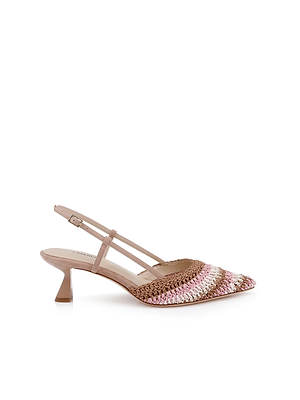 The Nantes Slingback Pump features a stylish pointed toe and woven pink, white, and brown pattern. Its short, flared kitten heel and memory foam insole ensure chic looks and all-day comfort.