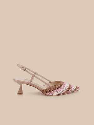 The Nantes Slingback Pump is a stylish women’s pointed-toe shoe with a pink, brown, and gold woven pattern and a cushioned memory foam insole for comfort, shown on a light beige background.