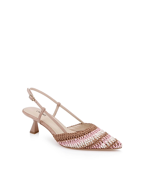 The Nantes Slingback Pump is a womens shoe with a woven pointed toe in pink, brown, and cream, a thin beige strap, and low block heel. Features a memory foam insole for comfort. Shown on a plain white background.