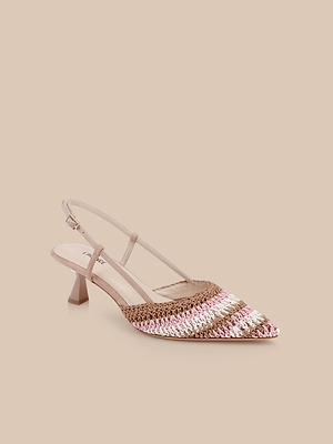 The Nantes Slingback Pump features a pointed toe, woven design in brown, pink, and white, a low block heel, and a comfy memory foam insole—all set against a beige background.