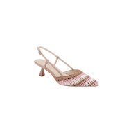 The Nantes Slingback Pump is a beige pointed-toe slingback featuring pink and gold sequin stripes on the front, a small block heel, and a comfortable memory foam insole.