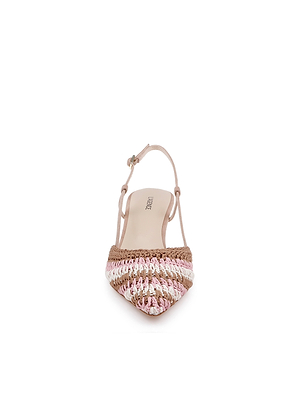 Front view of the Nantes Slingback Pump featuring woven pink, tan, and white shades, a beige memory foam insole, and an adjustable ankle strap.