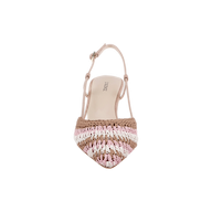 The Nantes Slingback Pump is a single woven shoe with a pointed toe, designed in shades of pink, brown, and white. It features an adjustable ankle strap and a comfortable memory foam insole, displayed on a plain white background.