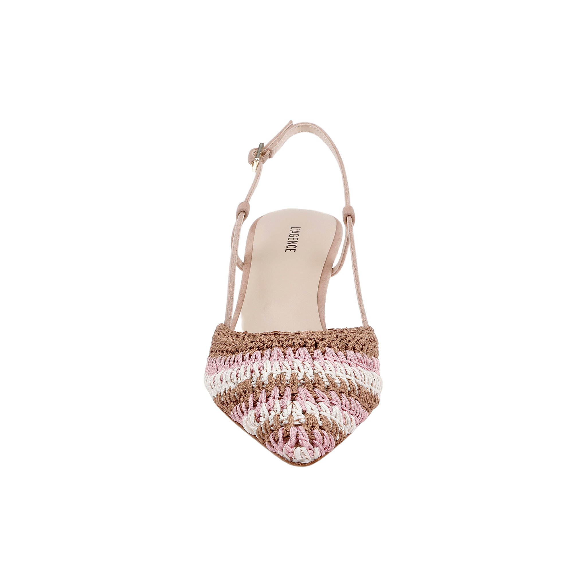 The Nantes Slingback Pump is a single woven shoe with a pointed toe, designed in shades of pink, brown, and white. It features an adjustable ankle strap and a comfortable memory foam insole, displayed on a plain white background.