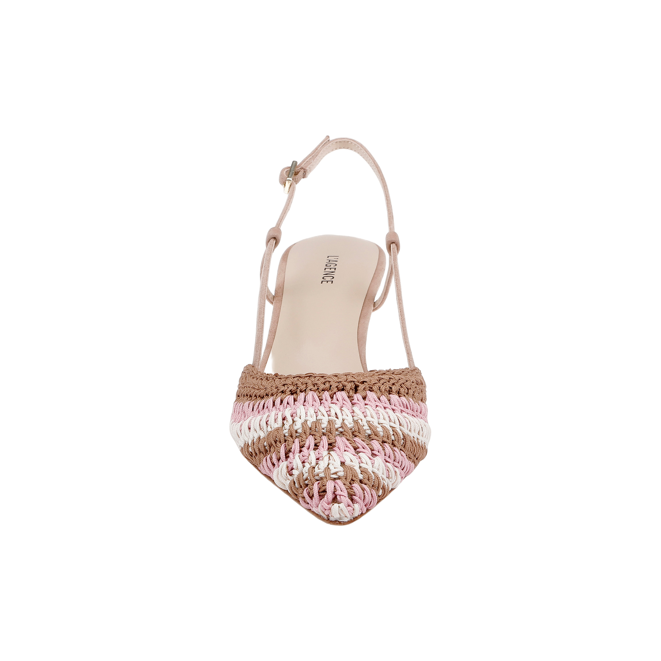 The Nantes Slingback Pump is a single woven shoe with a pointed toe, designed in shades of pink, brown, and white. It features an adjustable ankle strap and a comfortable memory foam insole, displayed on a plain white background.
