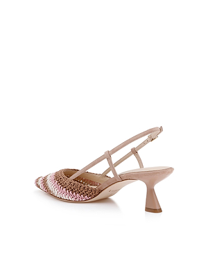 The Nantes Slingback Pump is a women’s crochet shoe with a low, flared heel and pointed toe. It features a pink and beige woven design, cushioned memory foam insole, and a plain white background.