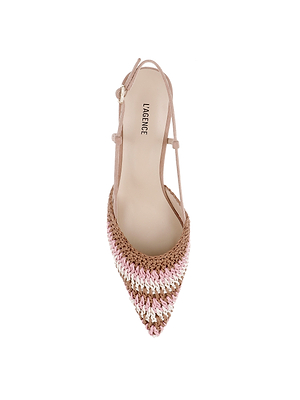 A top view of the Nantes Slingback Pump shows a pointed toe, woven brown, pink, and cream pattern, beige ankle strap, memory foam insole, and LARENECE branding on the insole.