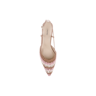 A top view of the Nantes Slingback Pump, a pointed-toe women’s shoe featuring pink, gold, and beige sequins, an ankle strap, and a memory foam insole, set against a white background.
