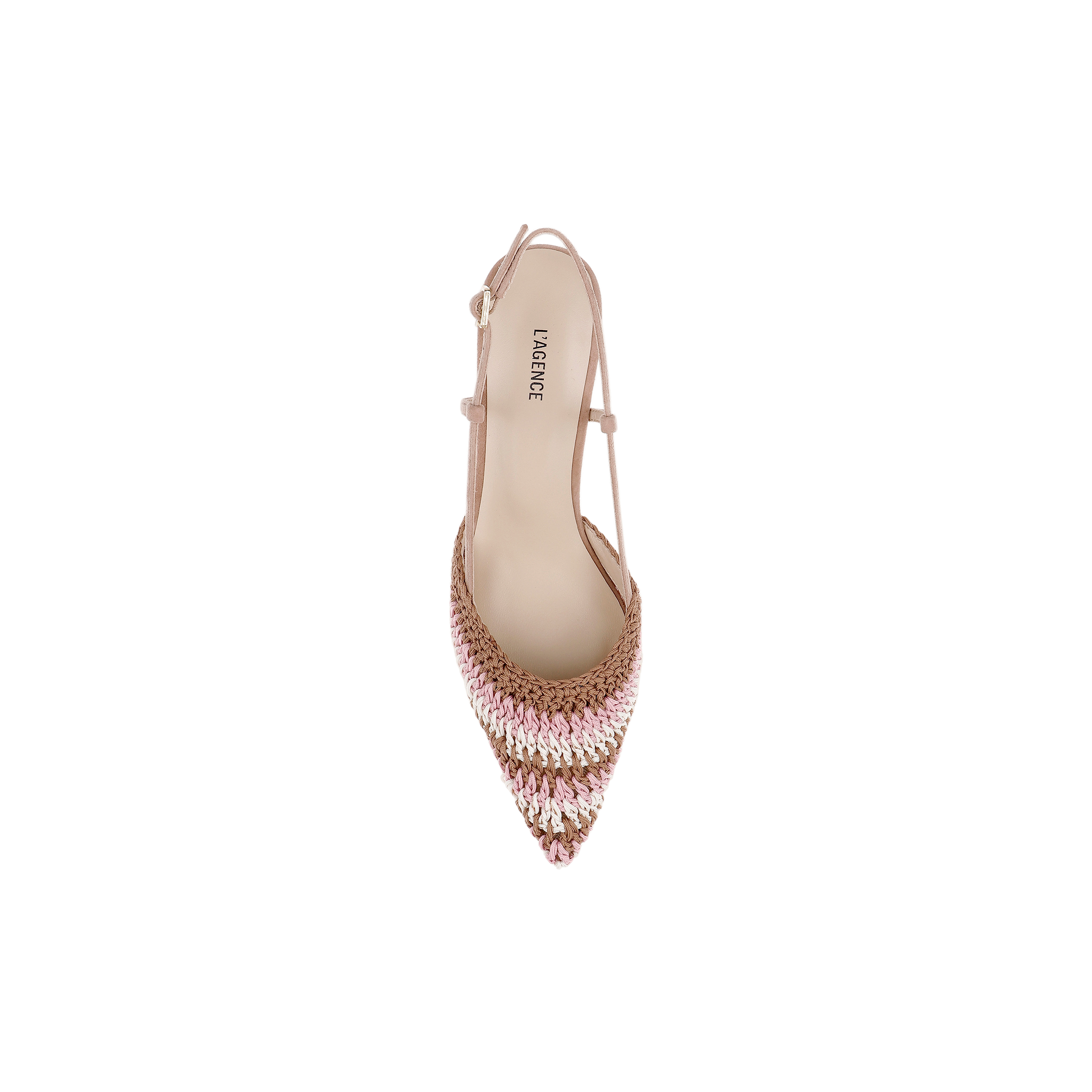 A top view of the Nantes Slingback Pump, a pointed-toe women’s shoe featuring pink, gold, and beige sequins, an ankle strap, and a memory foam insole, set against a white background.